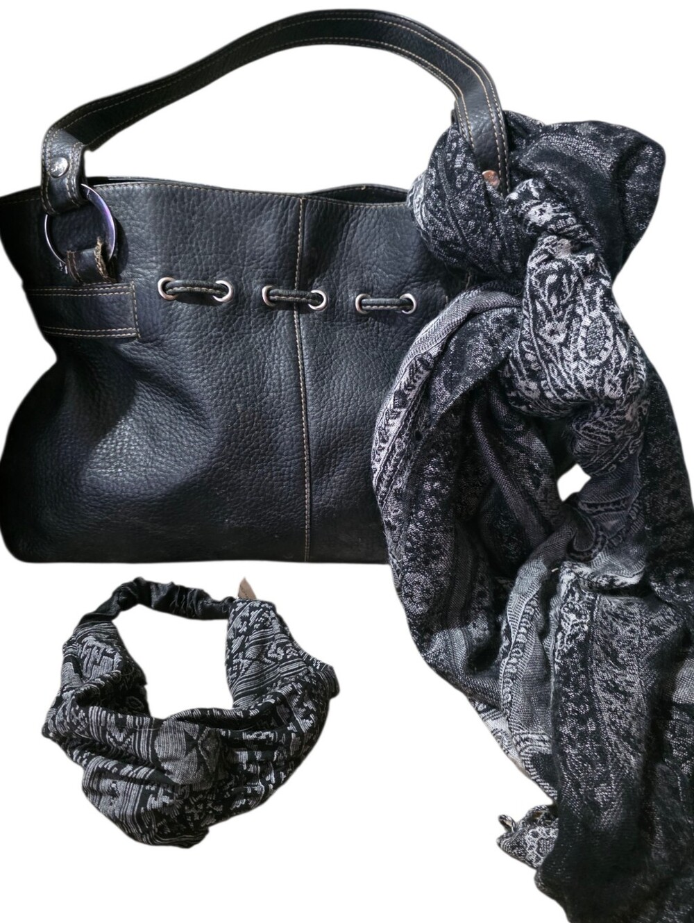 The Sak PINK LABEL Black Pebble Leather Shoulder Bag Purse & Scarf & Headband